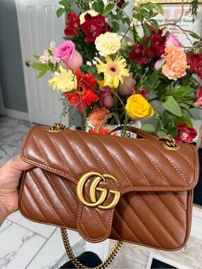 Brown Quilted Matelassé Shoulder Bag with Double G